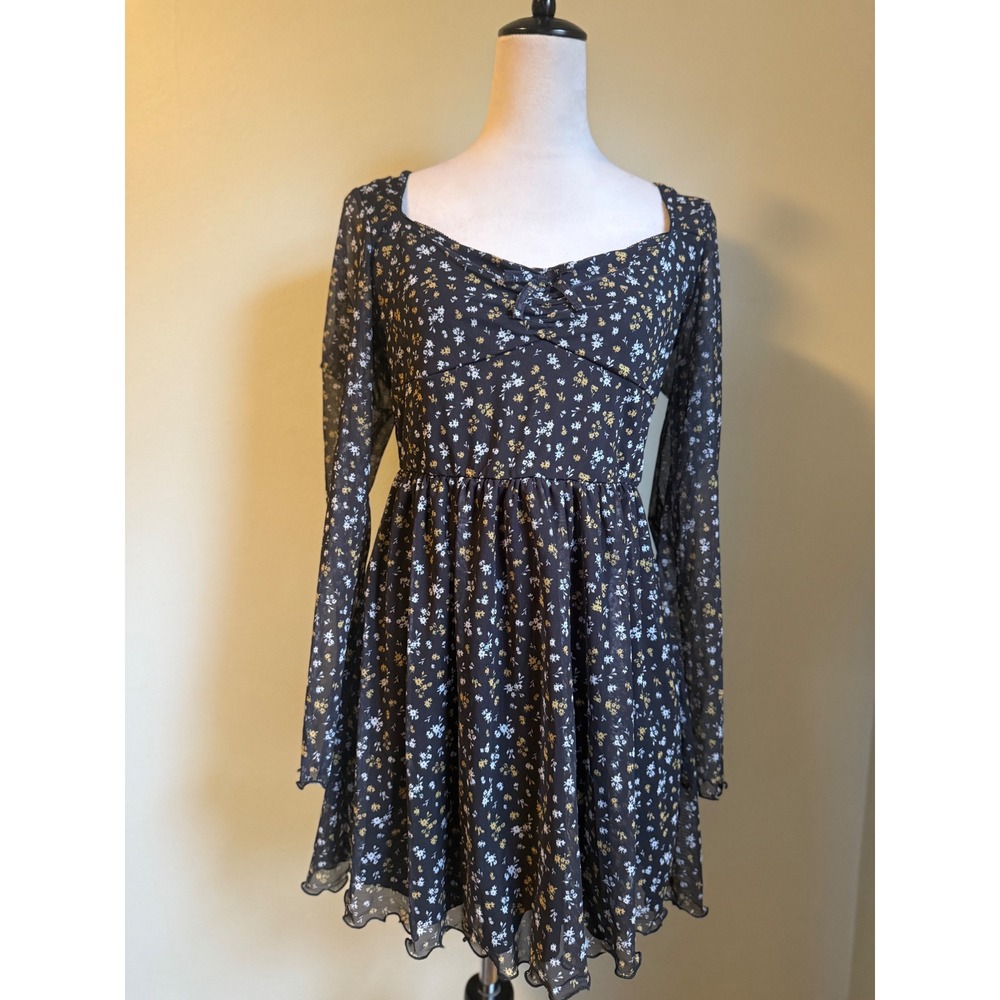 Black Floral Long Sleeve Mini Dress boho whimsi L y2k fairy flowy resort